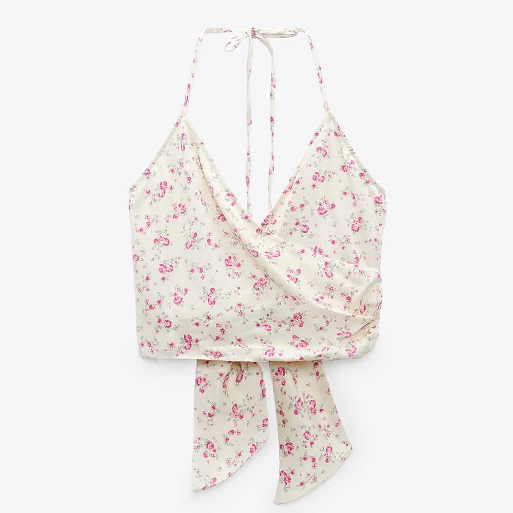 Zara Floral Printed Satin Wrap Tie-Back Top